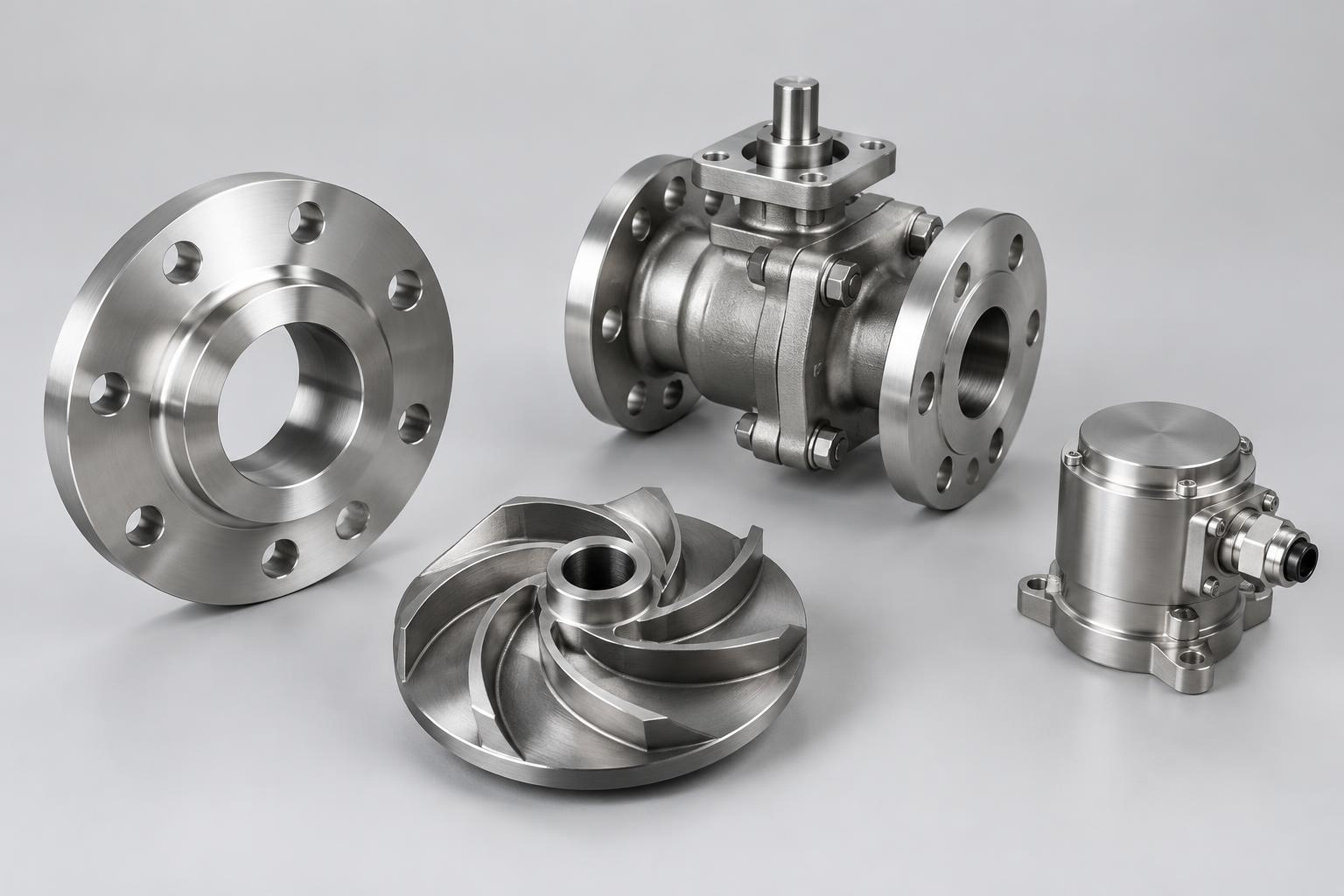 Conceptual machined flange, valve body, pump impeller and sensor housing