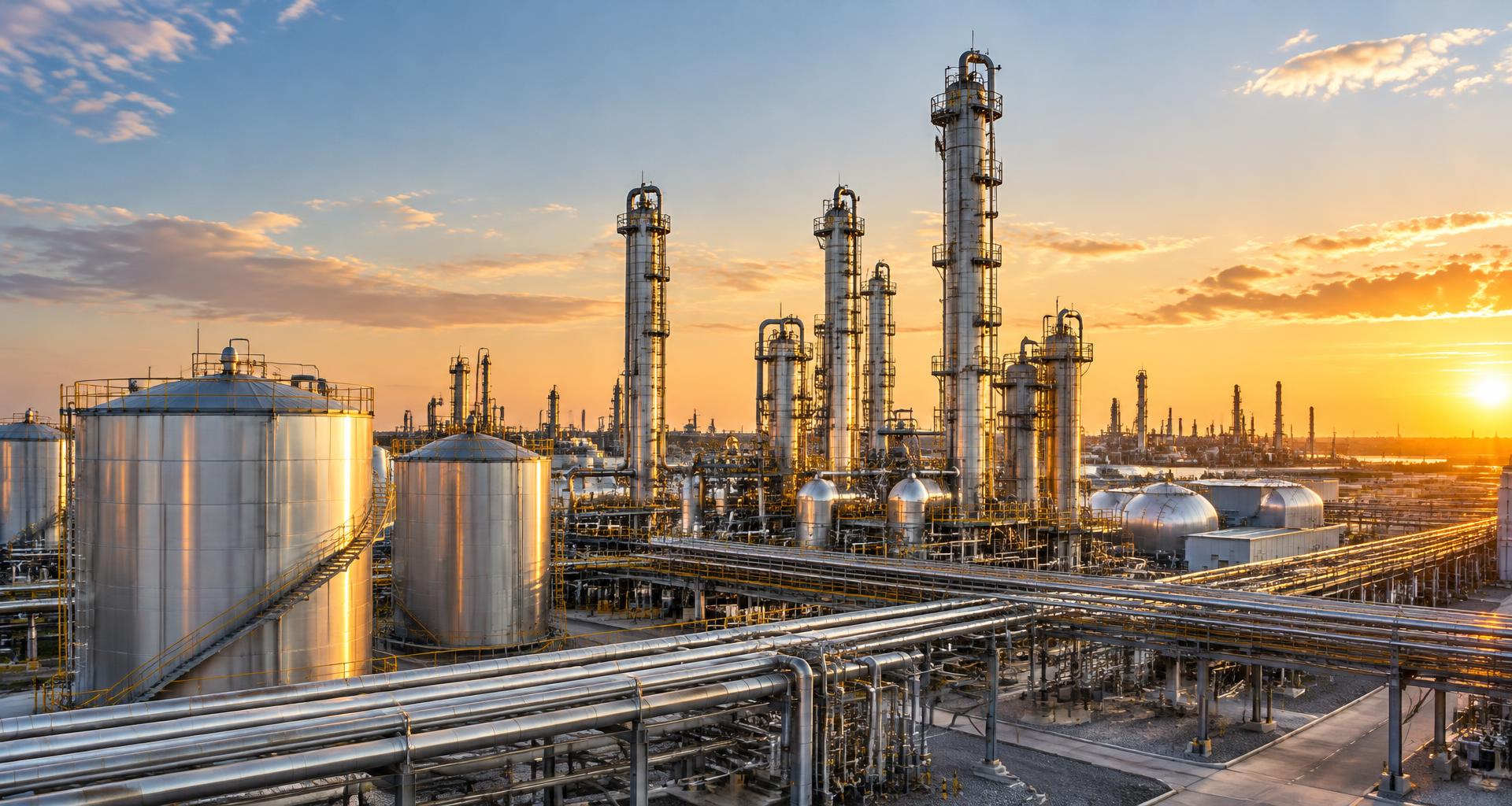 Conceptual refinery with storage tanks and pipelines at golden hour
